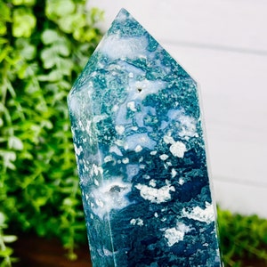 RARE Large Druzy Moss Agate Tower, 2 lb Moss Agate Tower, Polished Moss Agate Obelisk, Crystal Gift, Home Decor, Gift for Her, Grounding