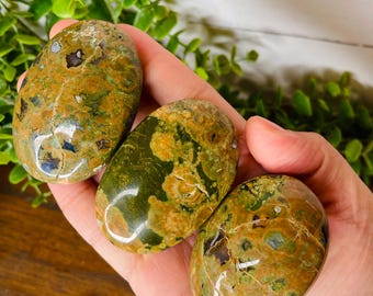 Piedras de palma de jaspe de la selva tropical, tallado de jaspe riolita, jaspe de la selva tropical pulido, corazón de cristal tallado a mano, piedras curativas, regalos de cristal