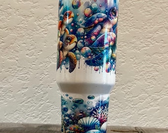 Sea Turtle 40oz Tumbler – Colorful Ocean Turtle Cup with Handle, Underwater Coral Reef Design