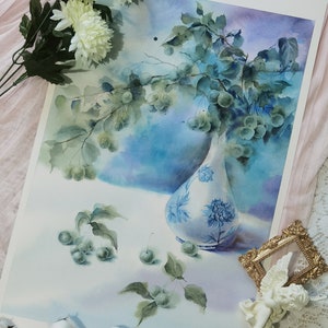 Original watercolour painting of grapes and Chinese vase