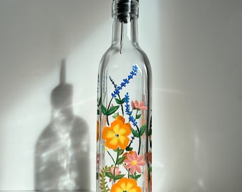 Dispensador de aceite pintado a mano, decoración de cocina con flores silvestres