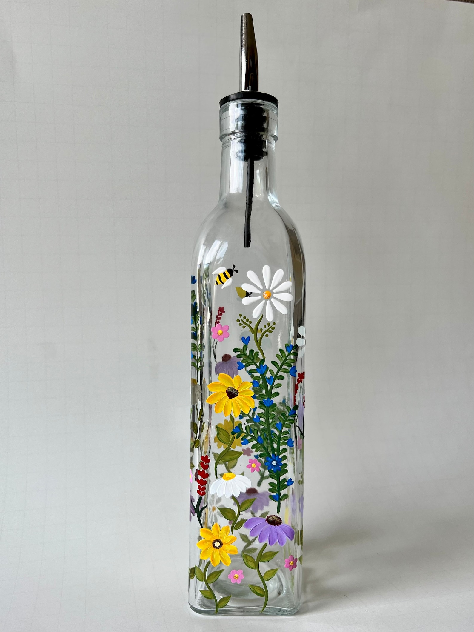 Hand Painted Floral Olive Oil Dispenser, Kitchen Decor