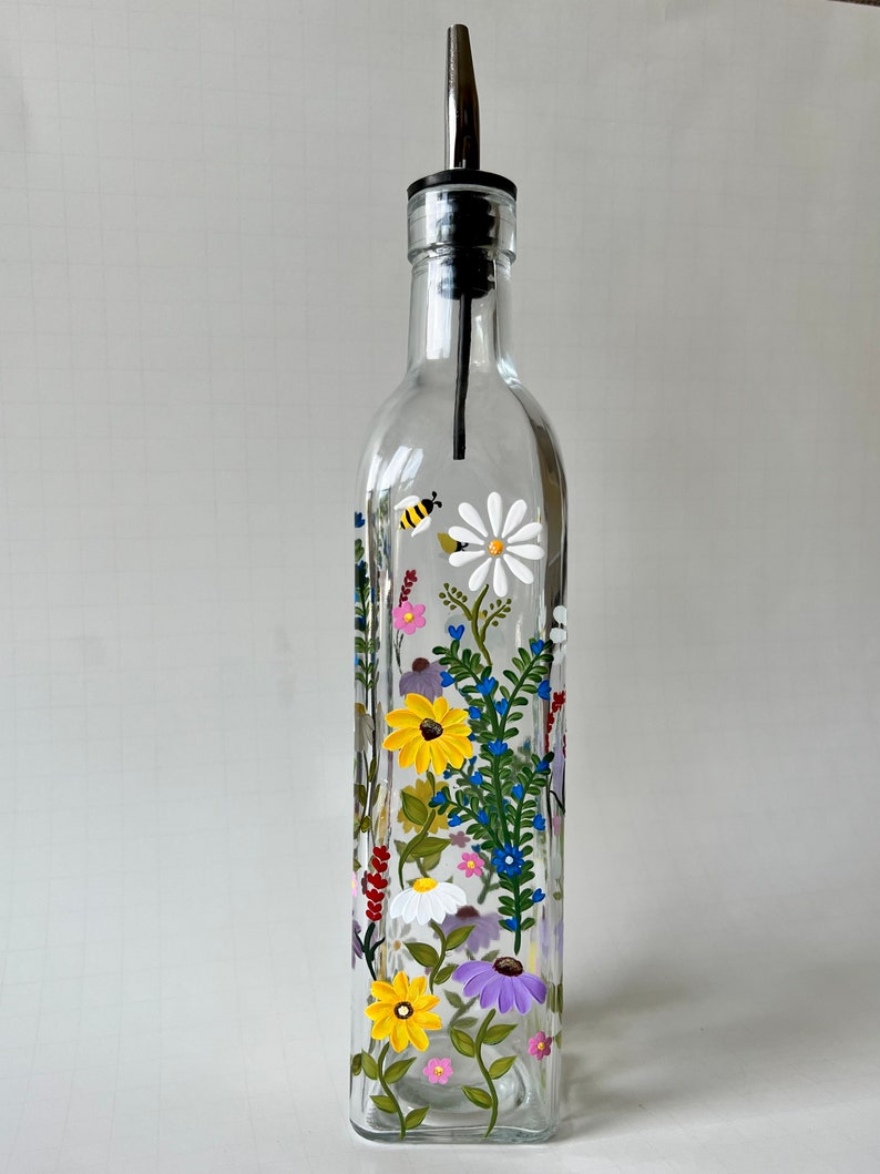 Painted olive oil dispenser, kitchen soap bottle, vinegar dispenser, floral kitchen decor, wedding gift, housewarming gift, salad dressing