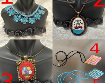 Handmade necklace, unique set of necklace, traditional necklace knitted with glass beads using crochet, fine craftsmanship, Christmas gift