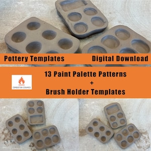 Puede incluir: Cuatro plantillas de cerámica de arcilla para hacer paletas de pintura y portapinceles. Las plantillas son de color marrón y tienen múltiples hendiduras circulares. El texto "Pottery Templates", "Digital Download", "13 Paint Palette Patterns", "+", y "Brush Holder Templates" es visible en la imagen.
