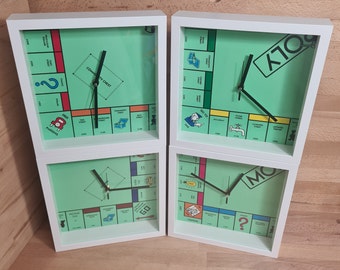 Monopoly Wall Clock. Upcycled Monopoly Original board game desk clock, quirky 10" timepiece, Unique birthday/new home gift.