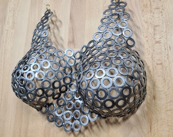 Female body art, welded metal bust, abstract sculpture handmade from steel washers. Wall hanging, unique decor. Modern 3D statue. Free post