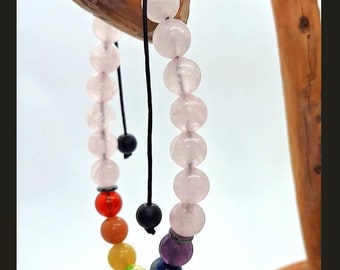 Chakra bracelet with rose quartz; adjustable cord; handmade
