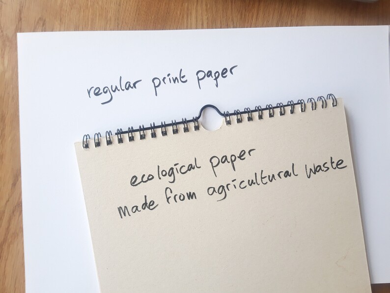 May include: A close-up of two pieces of paper. The top sheet is white and says "regular print paper". The bottom sheet is beige and says "ecological paper made from agricultural waste".