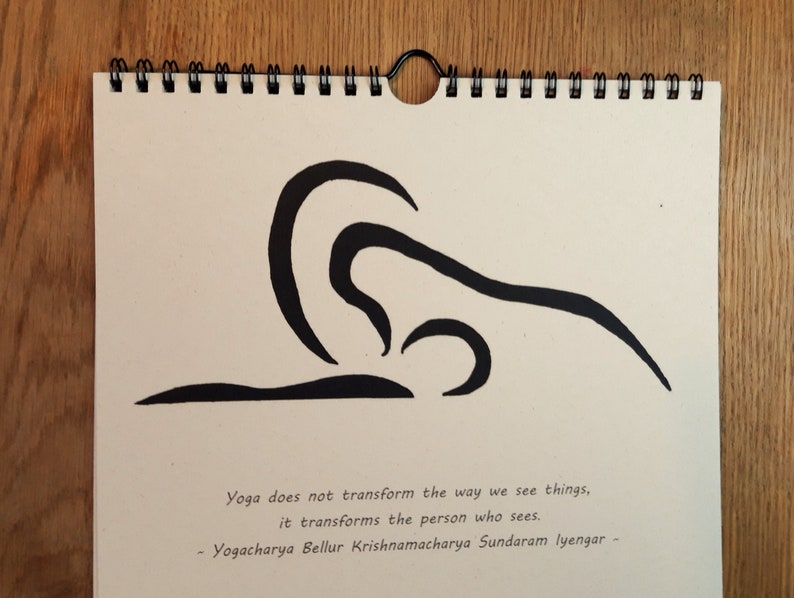 May include: A black and white illustration of a yoga pose on a beige background. The quote "Yoga does not transform the way we see things, it transforms the person who sees. - Yogacharya Bellur Krishnamacharya Sundaram Iyengar -" is printed below the illustration.