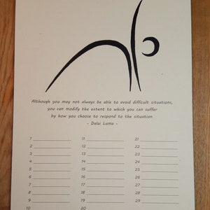 May include: A calendar with a black and white illustration of a person doing yoga. The calendar is for February and has the quote "Although you may not always be able to avoid difficult situations, you can modify the extent to which you can suffer by how you choose to respond to the situation. - Dalai Lama -" printed on it.