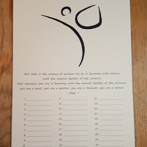 May include: A beige calendar with a black spiral binding. The calendar features a black and white drawing of a person dancing. The text "And that is the essence of wisdom to be in harmony with nature, with the natural rhythm of the universe. And whenever you are in harmony with the natural rhythm of the universe, you are a poet, you are a painter, you are a musician, you are a dancer. ~ Osho ~" is printed on the calendar. The numbers 1 through 30 are listed in three columns.