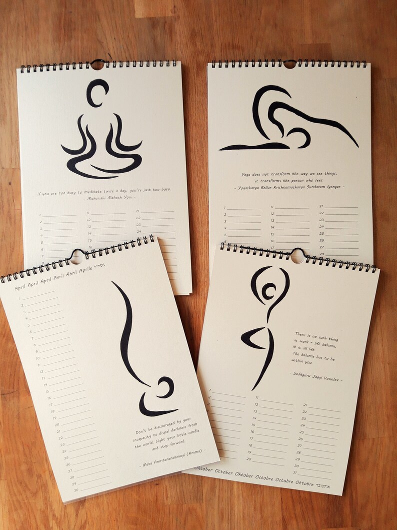 May include: Four beige calendar pages with black ink illustrations of yoga poses. Each page features a different pose and a quote about yoga. The months are April and October.