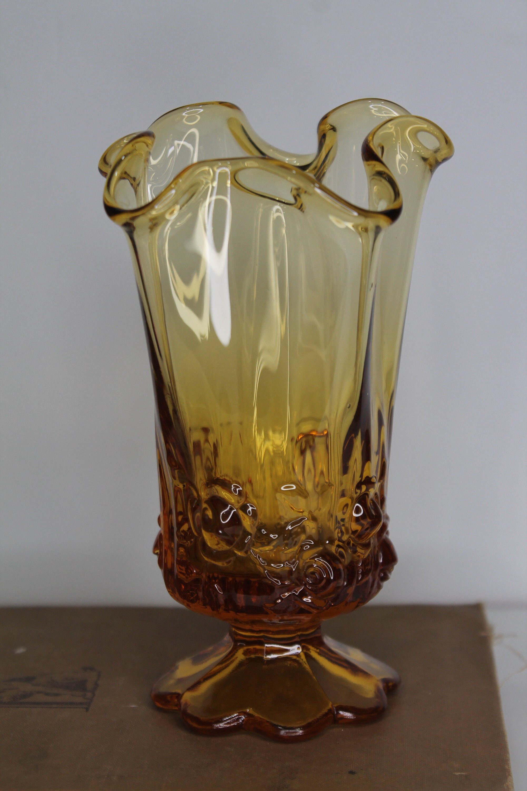 Fenton Amber 'rose' Pattern Handkerchief Vase, Vintage Etsy