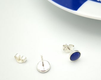 Very small stud earrings, blue, enamel, silver