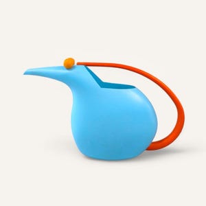 May include: A blue watering can with an orange spout and handle. The handle is a bright orange and curves around the top of the can.