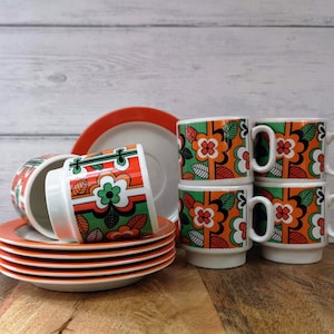 Vintage set of 6 NEW Pagnossin Italia cups and saucers | Retro print with flowers | New in box | Italia porcelain | Seventies