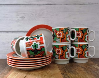 1970s Vintage Set of 6 Pagnossin Italia Cups and Saucers | Retro print with flowers | New from old store stock | Italia porcelain