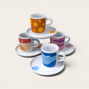 以下が含まれることがあります： 4客のセラミック製エスプレッソカップとソーサーのセット。各カップには、黄色い水玉模様のオレンジ色、青い風景、ピンクの波模様、ボートが描かれた赤とベージュのシーンなど、それぞれ異なるカラフルなデザインが施されています。