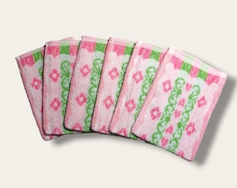 Set of 6 vintage washcloths in pink and green | NOS washcloths made of 100% cotton terry | New in packaging | 70s / 80s