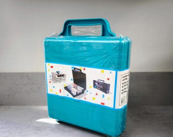 1980s New storage case for 24 cassette tapes | New from old store stock | Turquoise blue plastic box for cassettes or tapes