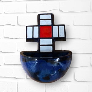 Vintage holy water font in Mondrian style l Postmodern sleek holy water font with cross | Religious wall decoration from the eighties
