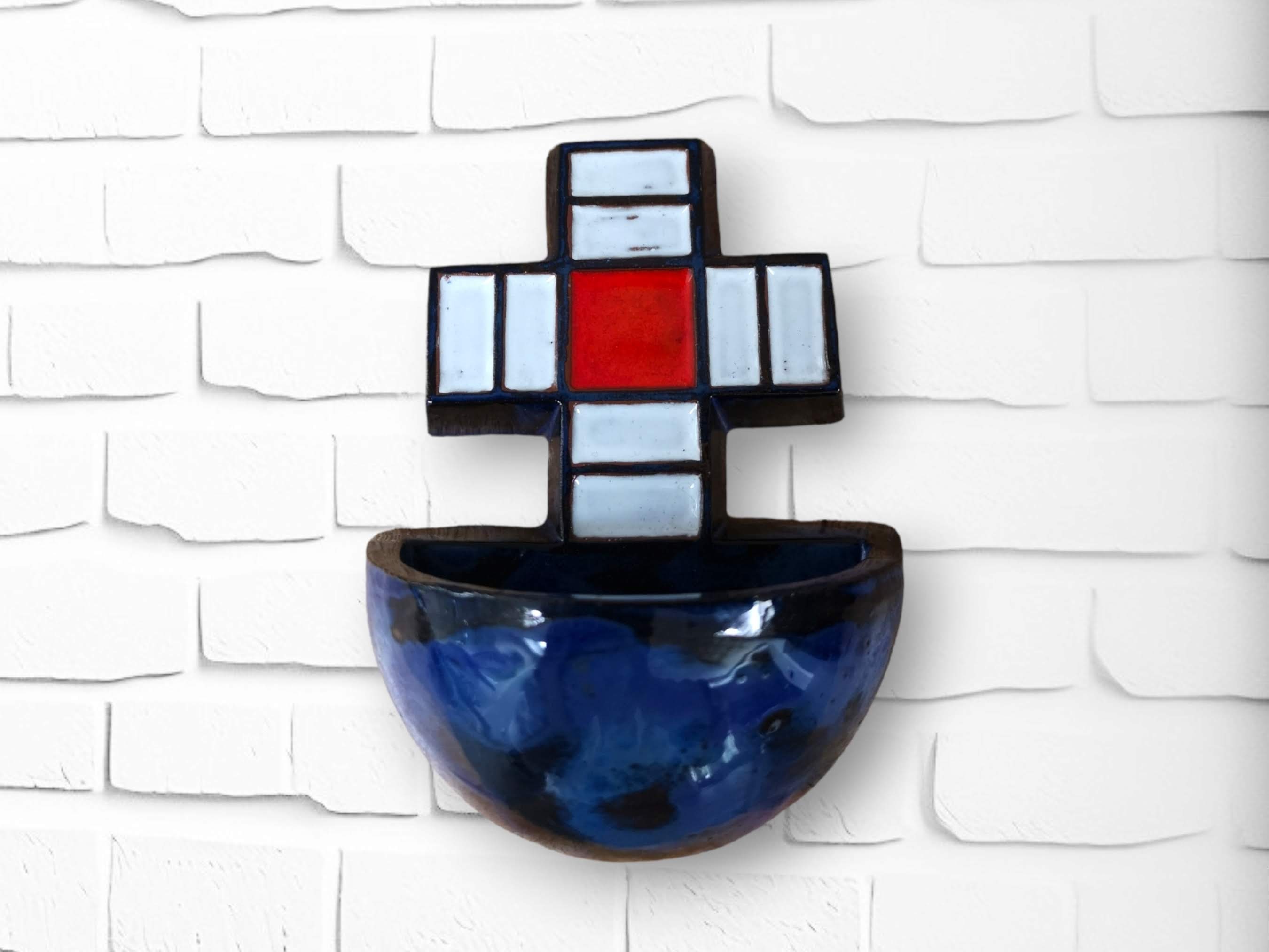 Vintage holy water font in Mondrian style l Postmodern sleek holy water font with cross | Religious wall decoration from the eighties