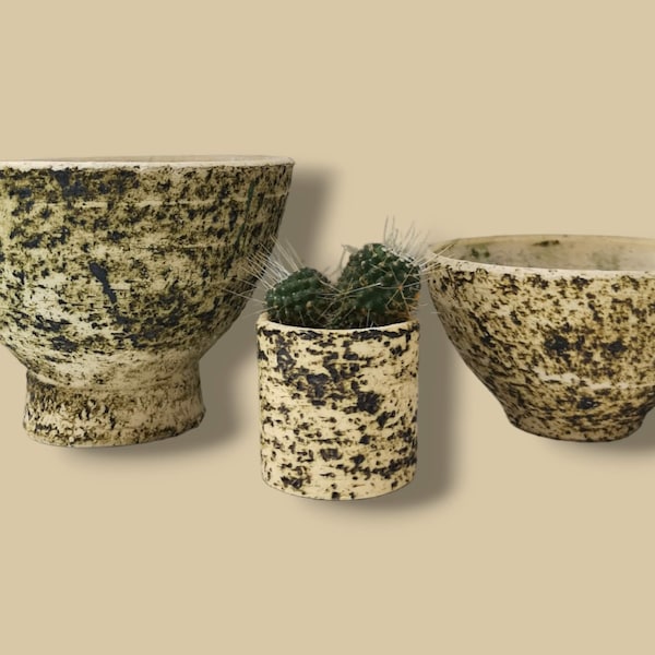 Années 1960 Ensemble de 3 pots de fleurs en écorce de bouleau | Céramique chamottée hollandaise | Pots de cactus vintage | Pots de fleurs tournés à la main des années 1960