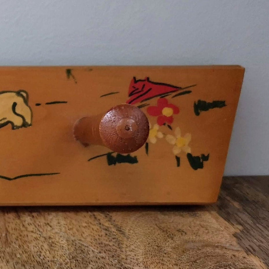 1960's Vintage Children's Coat Rack Made of Wood With Three Hanging