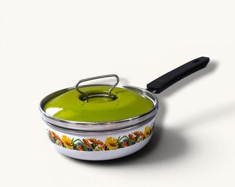 Vintage Siltal Italy Emaille-Kochtopf mit grünem Deckel – Blumenmuster aus den 70er Jahren – Design von Carla Agnelli – Italienisches Retro-Kochgeschirr
