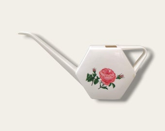 1960s Hexagonal plant watering can with rose print | Retro flower watering can made of hard plastic