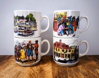 Set of 4 Vintage Van Nelle coffee mugs - Kronester Bavaria - Series of famous EU and US coffee houses - 1970s