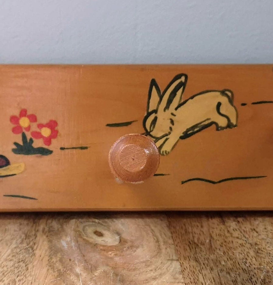1960's Vintage Children's Coat Rack Made of Wood With Three Hanging