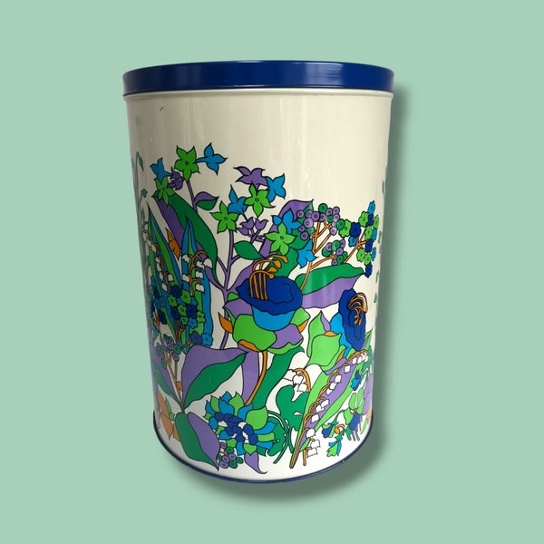 Vintage XXL Tomado voorraadblik met psychedelisch bloempatroon | Met oranje, paarse en gele bloemen | Groot formaat seventies voorraad blik