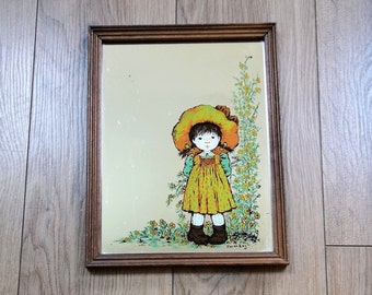 Vintage Holly Hobbie spiegel in houten lijst | Spiegel met Sarah Kay print uit de jaren zeventig | Formaat 25 x 33 cm / 10 x 13 inch