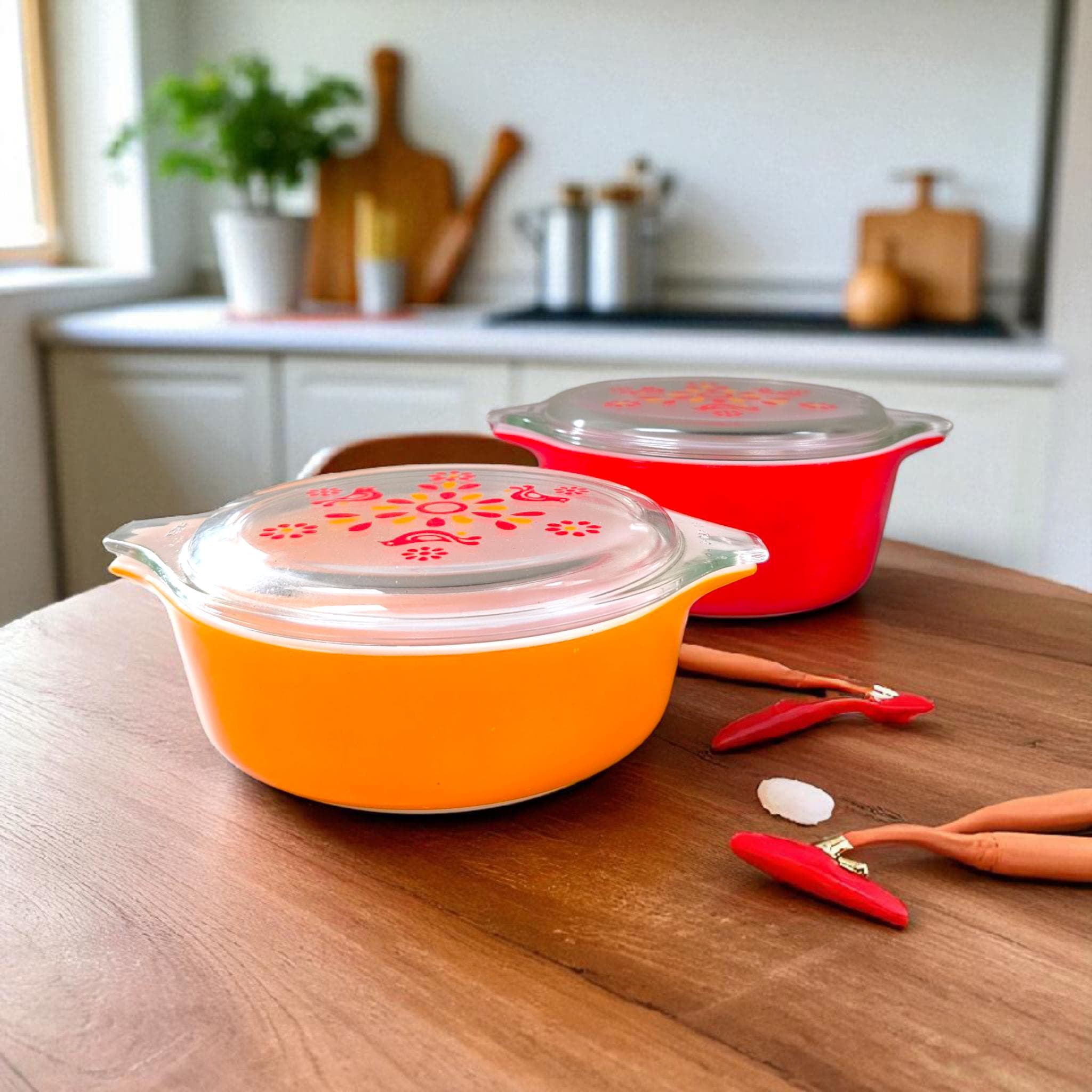 Set/2 PYREX FRIENDSHIP Oven Dishes - Transparent and Printed Lid