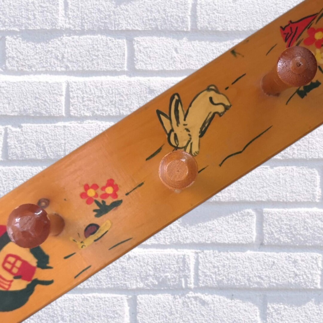 1960's Vintage Children's Coat Rack Made of Wood With Three Hanging