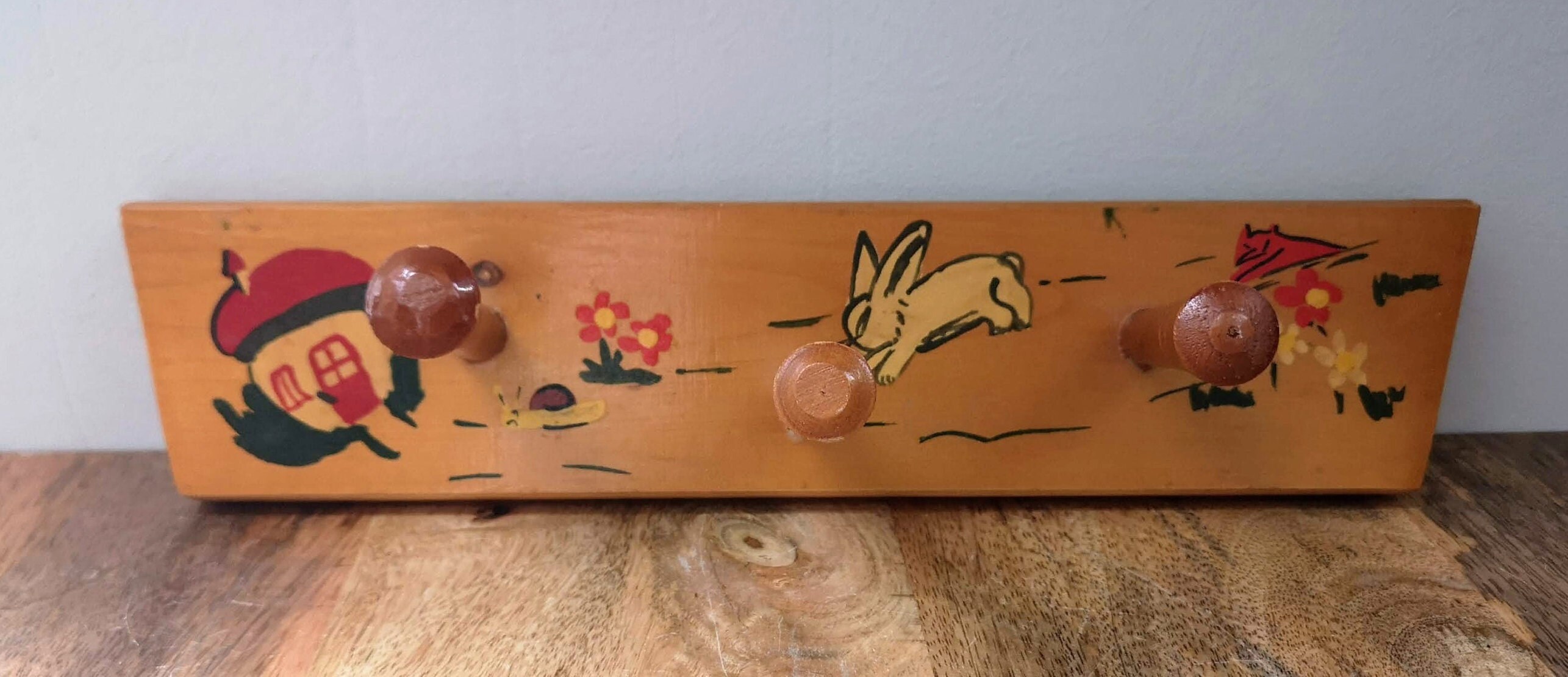 1960's Vintage Children's Coat Rack Made of Wood With Three Hanging