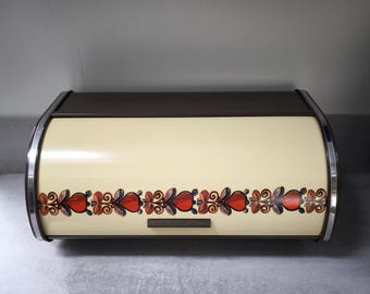 Vintage Brabantia bread box – 'Bayon' folklore design – Cream & warm brown – Large bread box 1970s – In excellent condition