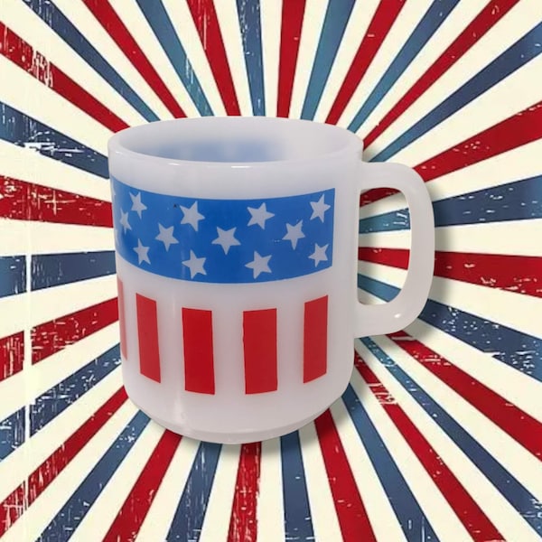 Vintage Amerika Stars & Stripes Kaffeetasse | Gehärtetes Milchglas | Vintage Pyrex Glasbake Küchengeschirr Tasse | Pokal mit amerikanischer Flagge
