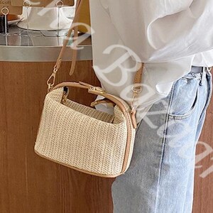 Women's Straw Crossbody Bag With Leather Accent, Fashion Casual ...