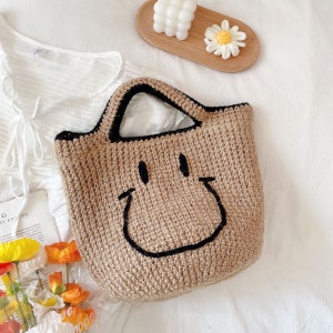Cotton Knitted Smiley Face Bag, Handmade Crochet Purse, Fashion Bag, Crochet Shoulder Bags, Handmade Shoulder Bags, Crochet Bag image 1