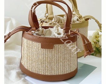 Women's Straw Weave Bucket Bag, Hand Woven Bucket Bag, Fashion Casual Bucket Bag, Gift for Her, Women's Woven Bag, Straw Bucket Bag