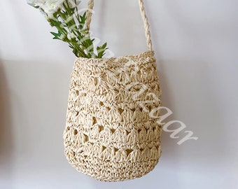 Women's Straw Weave Bucket Bag, Hand Woven Bucket Bag, Fashion Casual Bucket Bag, Gift for Her, Women's Woven Bag, Straw Bucket Bag