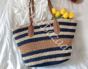 Women's Straw Weave Striped Tote Bag, Straw Striped Bag, Fashion Casual Bag, Gift for Her, Women's Woven Striped Bag, Straw Bag