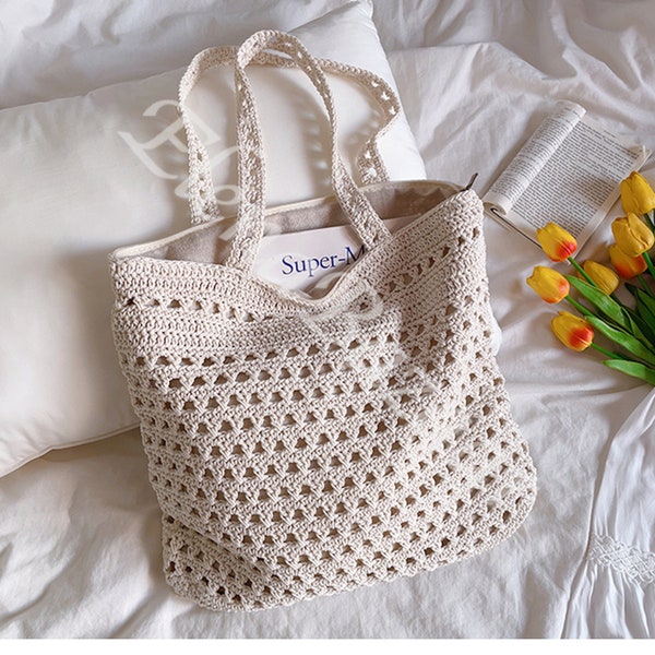 Sac à bandoulière en tricot de coton, sac au crochet tissé à la main, sac à main au crochet, sac tissé pour femme, sac à bandoulière au crochet, sac fait main, cadeau pour elle