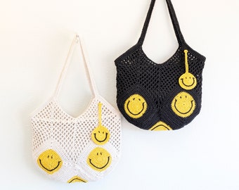 Cotton Crochet Smiley Face Bag, Handmade Smiley Face Bag, Smiley Face Shoulder Bag, Crochet Shoulder Bag, Handmade Shoulder Bag, Crochet Bag