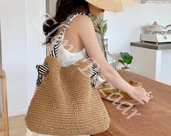 Sac fourre-tout en paille tressée pour femme, sac de plage tissé à la main, sac décontracté tendance, cadeau pour elle, sac tissé pour femme, sac en paille