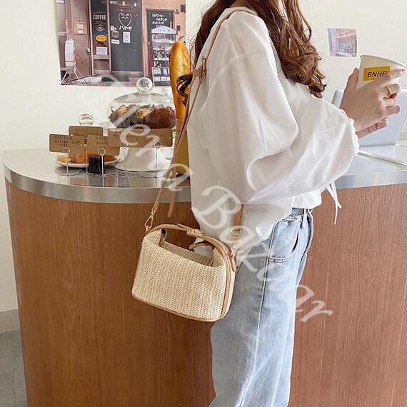 The Lia Straw Crossbody Bag With Beaded Buckle