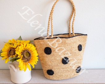 Women's Polka Dot Raffia Straw Weave Tote Bag, Polka Dot Raffia Beach Bag, Polka Dot Raffia Bag, Women's Raffia Bag, Straw Raffia Bag